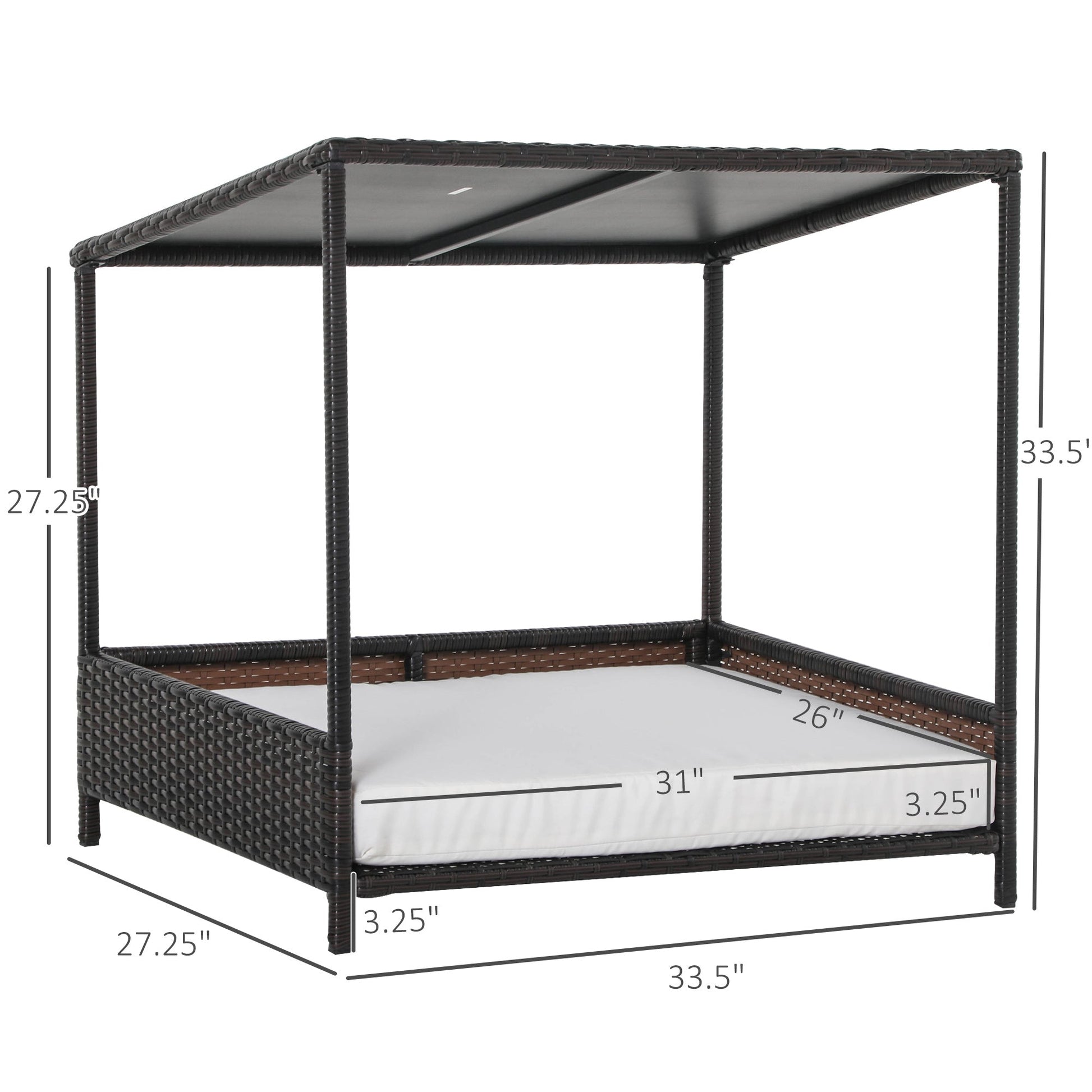 KFX-8475069 Brown Wicker Dog House with Removable Cushion - Raised Rattan Pet Bed for Medium-Sized Dogs and Cats