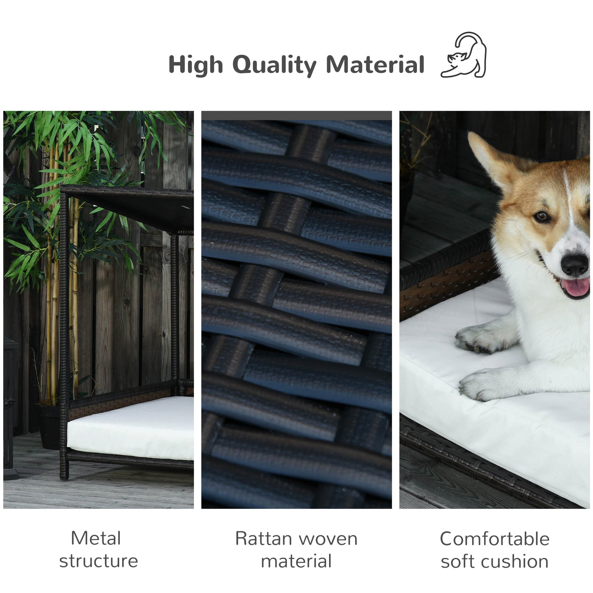 KFX-8475069 Brown Wicker Dog House with Removable Cushion - Raised Rattan Pet Bed for Medium-Sized Dogs and Cats