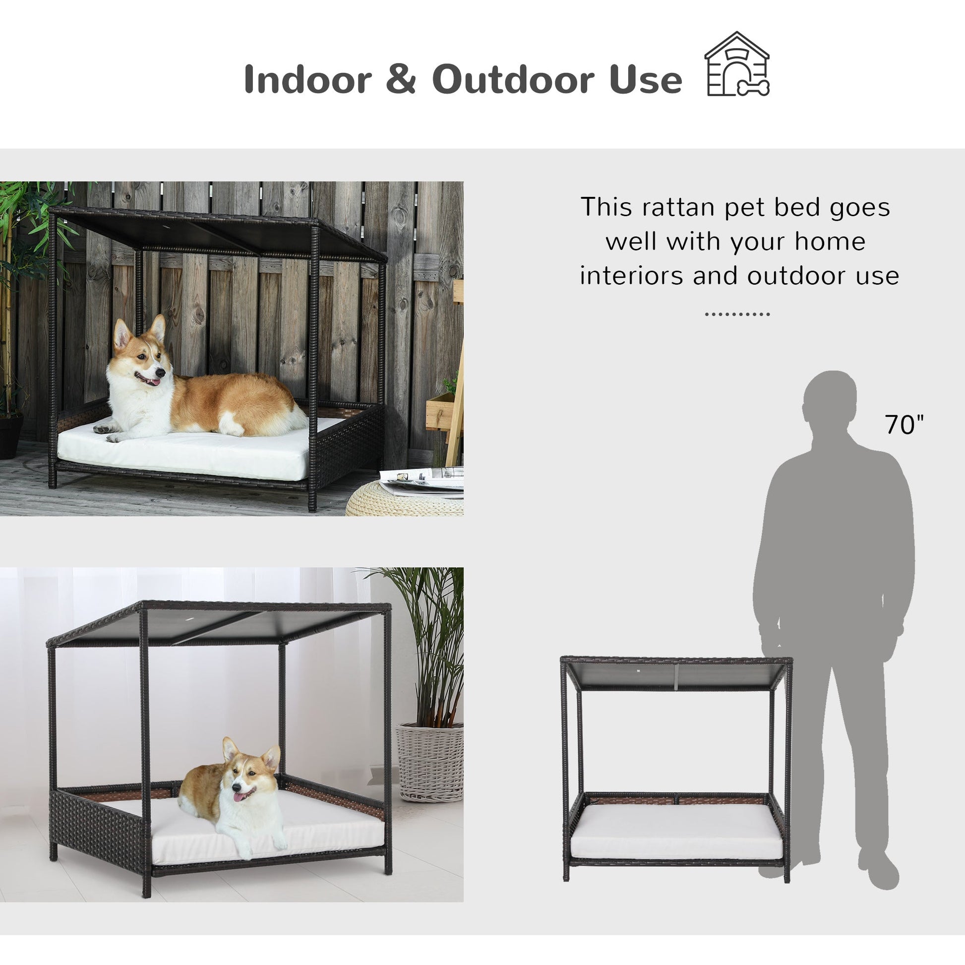 KFX-8475069 Brown Wicker Dog House with Removable Cushion - Raised Rattan Pet Bed for Medium-Sized Dogs and Cats