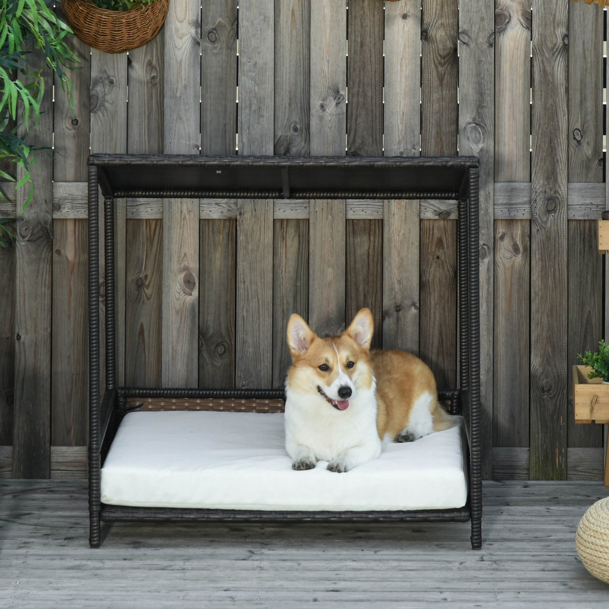 KFX-8475069 Brown Wicker Dog House with Removable Cushion - Raised Rattan Pet Bed for Medium-Sized Dogs and Cats