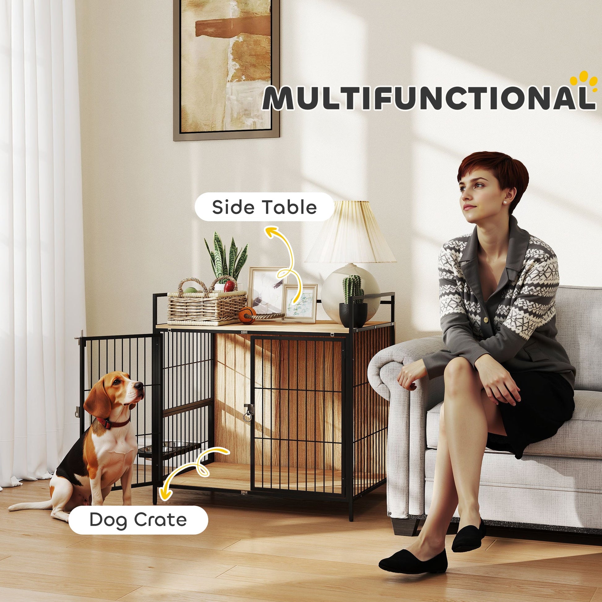 KFX-8480061 30-Inch Oak Dog Crate Side Table with Rotatable Bowls and Dual Anti-Escape Doors for Medium Pets