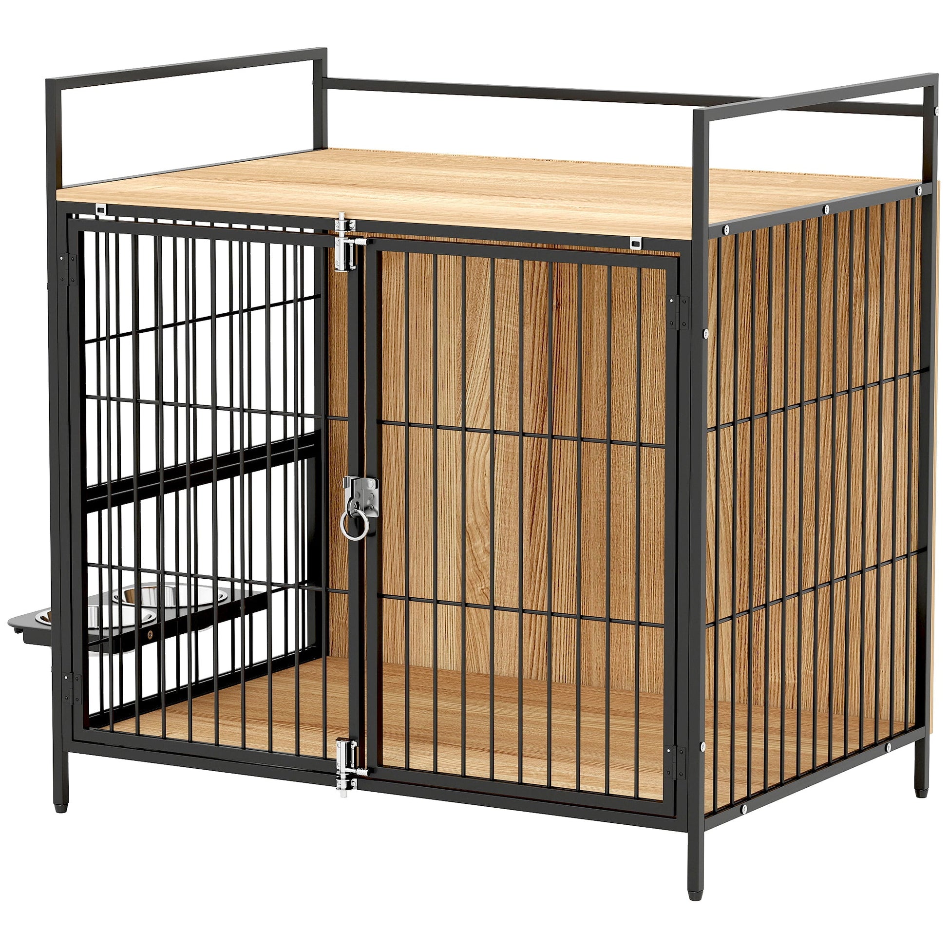 KFX-8480061 30-Inch Oak Dog Crate Side Table with Rotatable Bowls and Dual Anti-Escape Doors for Medium Pets