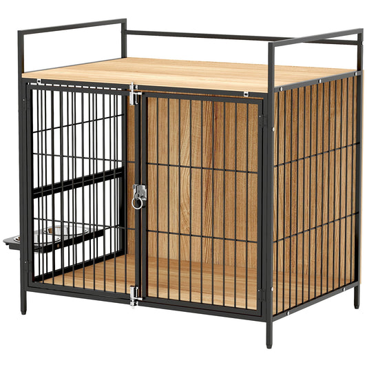KFX-8480061 30-Inch Oak Dog Crate Side Table with Rotatable Bowls and Dual Anti-Escape Doors for Medium Pets