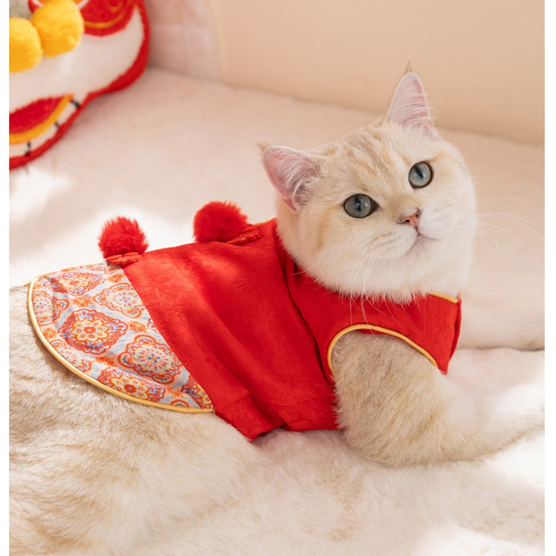KFX-8480957 Warm Chinese Plum Blossom Brocade Tang Suit for Small Dogs and Cats - Festive Button-up Vest for Autumn and Winter