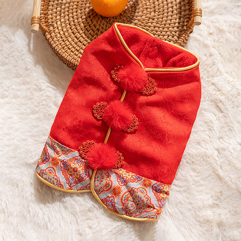 KFX-8480957 Warm Chinese Plum Blossom Brocade Tang Suit for Small Dogs and Cats - Festive Button-up Vest for Autumn and Winter