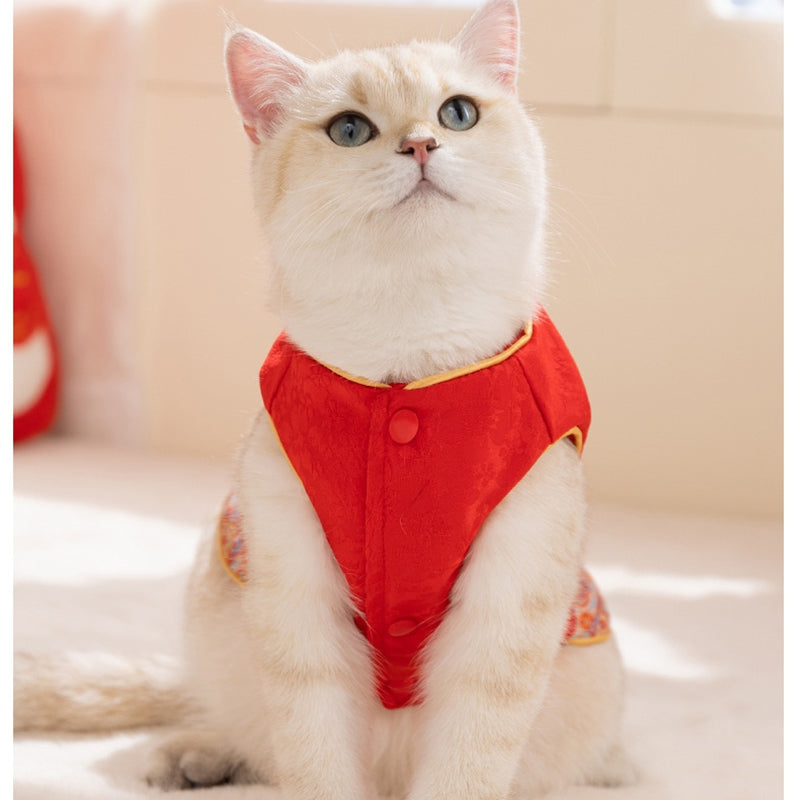 KFX-8480957 Warm Chinese Plum Blossom Brocade Tang Suit for Small Dogs and Cats - Festive Button-up Vest for Autumn and Winter