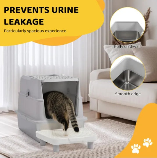KFX-8485821 Extra Large Stainless Steel Covered Cat Litter Box with Lid, Litter Scoop, and Filter Pedal