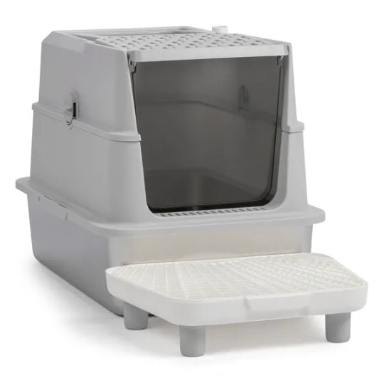 KFX-8485821 Extra Large Stainless Steel Covered Cat Litter Box with Lid, Litter Scoop, and Filter Pedal