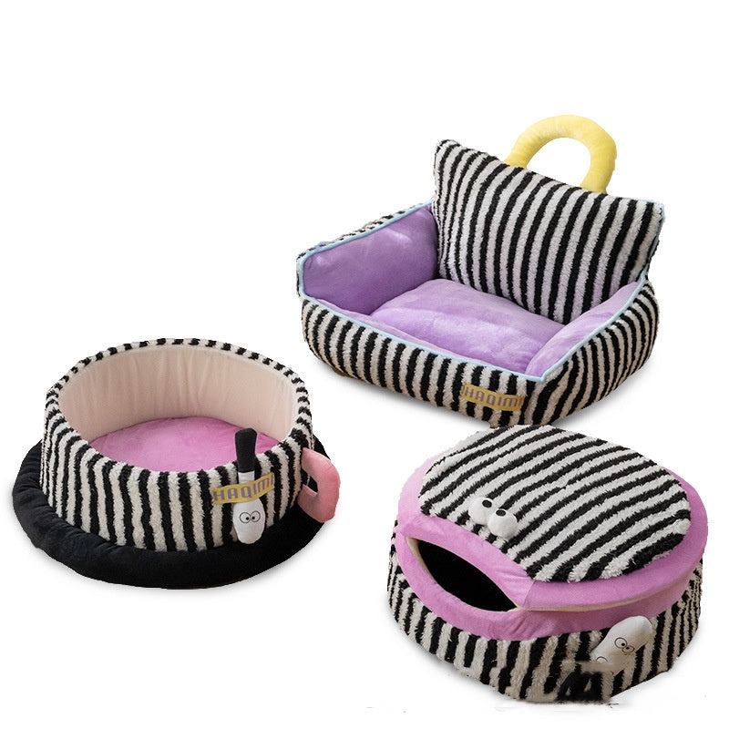 KFX-8486205 Striped 3-Piece Pet Cat Kennel Set - Ultra Soft, Free Size, Cozy Nest Variety