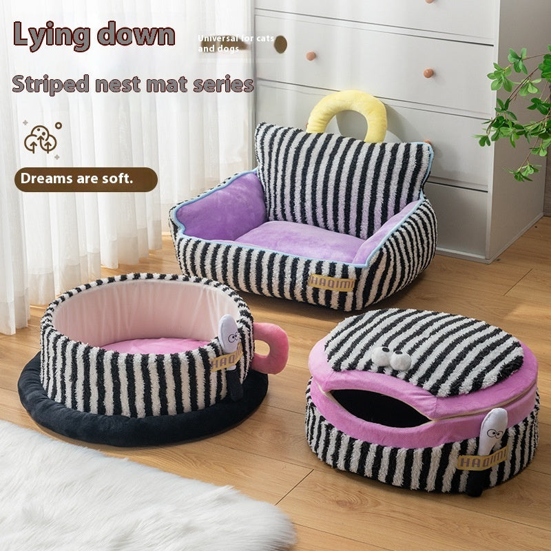 KFX-8486205 Striped 3-Piece Pet Cat Kennel Set - Ultra Soft, Free Size, Cozy Nest Variety