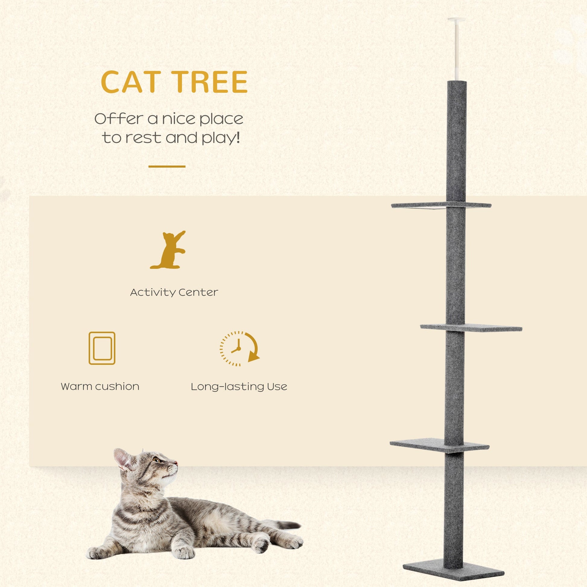 KFX-8491197 Floor-to-Ceiling Cat Tree Tower with 4 Platforms and Sisal-Covered Scratching Posts, Grey