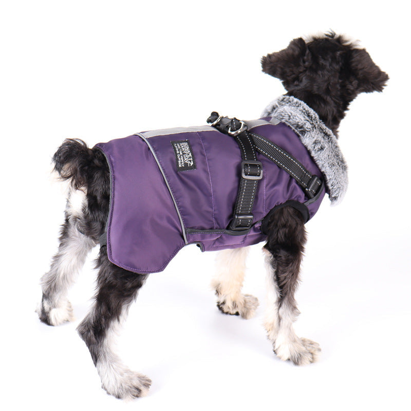 KFX-8492349 Waterproof Reflective Pet Jacket with Removable Fur Collar and Detachable Chest Strap