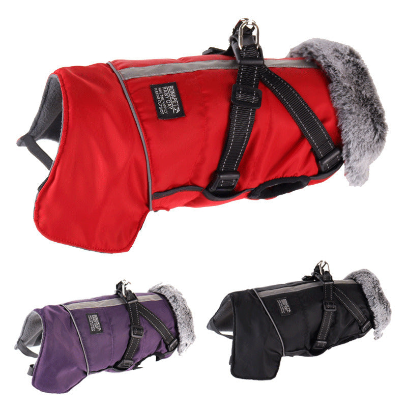 KFX-8492349 Waterproof Reflective Pet Jacket with Removable Fur Collar and Detachable Chest Strap
