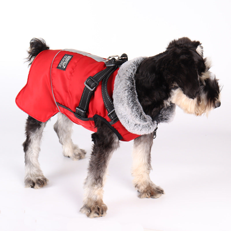 KFX-8492349 Waterproof Reflective Pet Jacket with Removable Fur Collar and Detachable Chest Strap