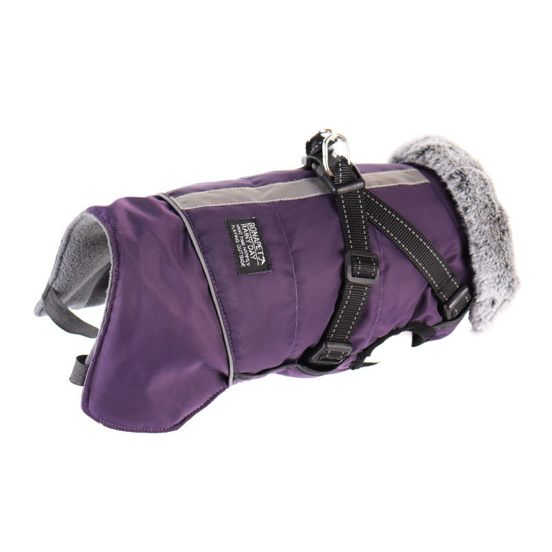 KFX-8492349 Waterproof Reflective Pet Jacket with Removable Fur Collar and Detachable Chest Strap