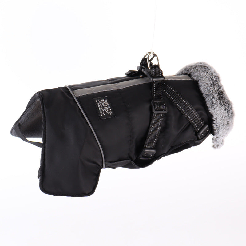 KFX-8492349 Waterproof Reflective Pet Jacket with Removable Fur Collar and Detachable Chest Strap