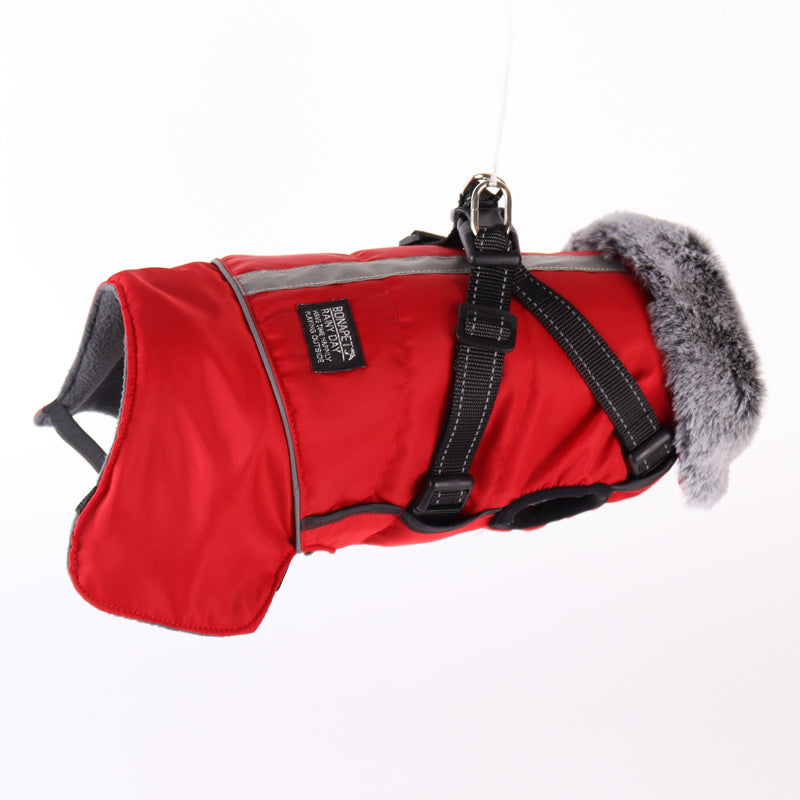 KFX-8492349 Waterproof Reflective Pet Jacket with Removable Fur Collar and Detachable Chest Strap