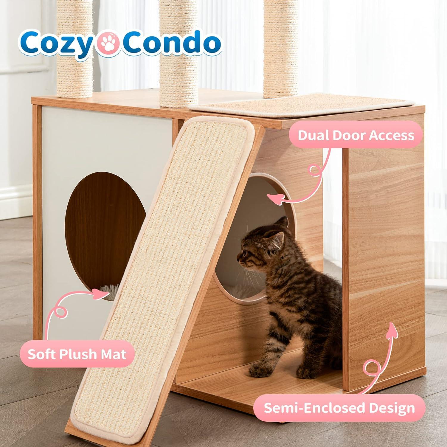 KFX-8493373 Multi-Functional Indoor Wooden Cat Tower with Climbing Frame, Scratching Board, and Cozy Condo for Cats and Kittens
