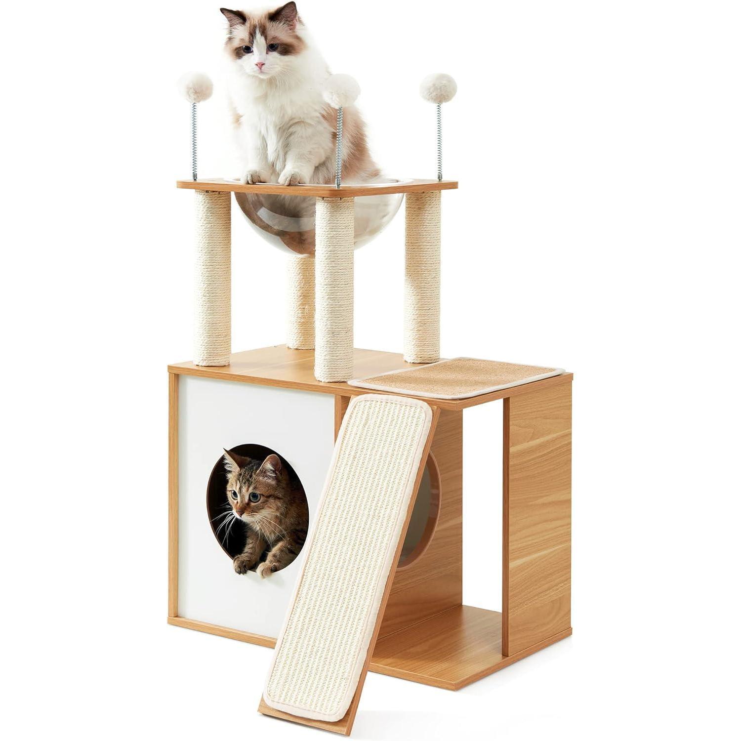 KFX-8493373 Multi-Functional Indoor Wooden Cat Tower with Climbing Frame, Scratching Board, and Cozy Condo for Cats and Kittens