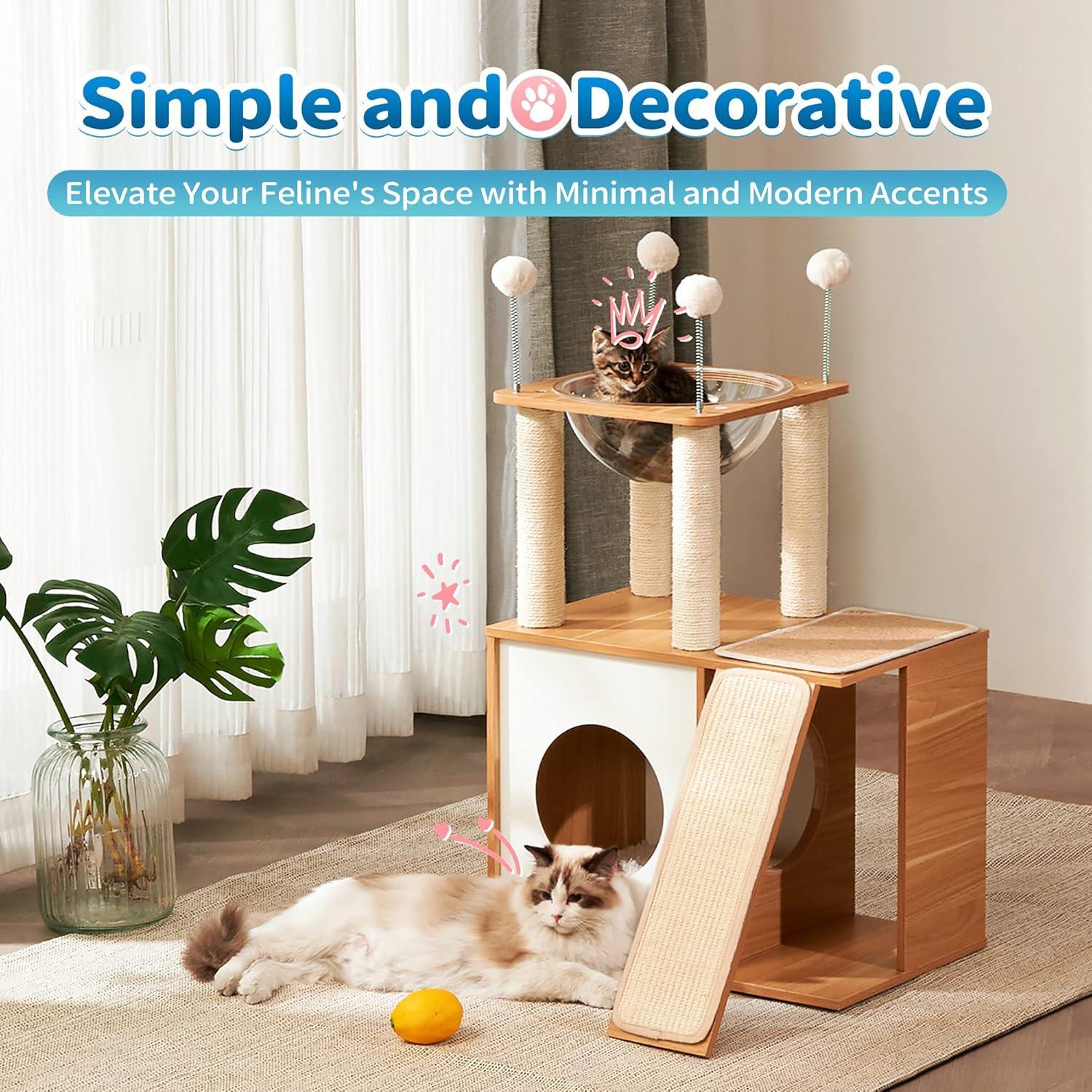 KFX-8493373 Multi-Functional Indoor Wooden Cat Tower with Climbing Frame, Scratching Board, and Cozy Condo for Cats and Kittens