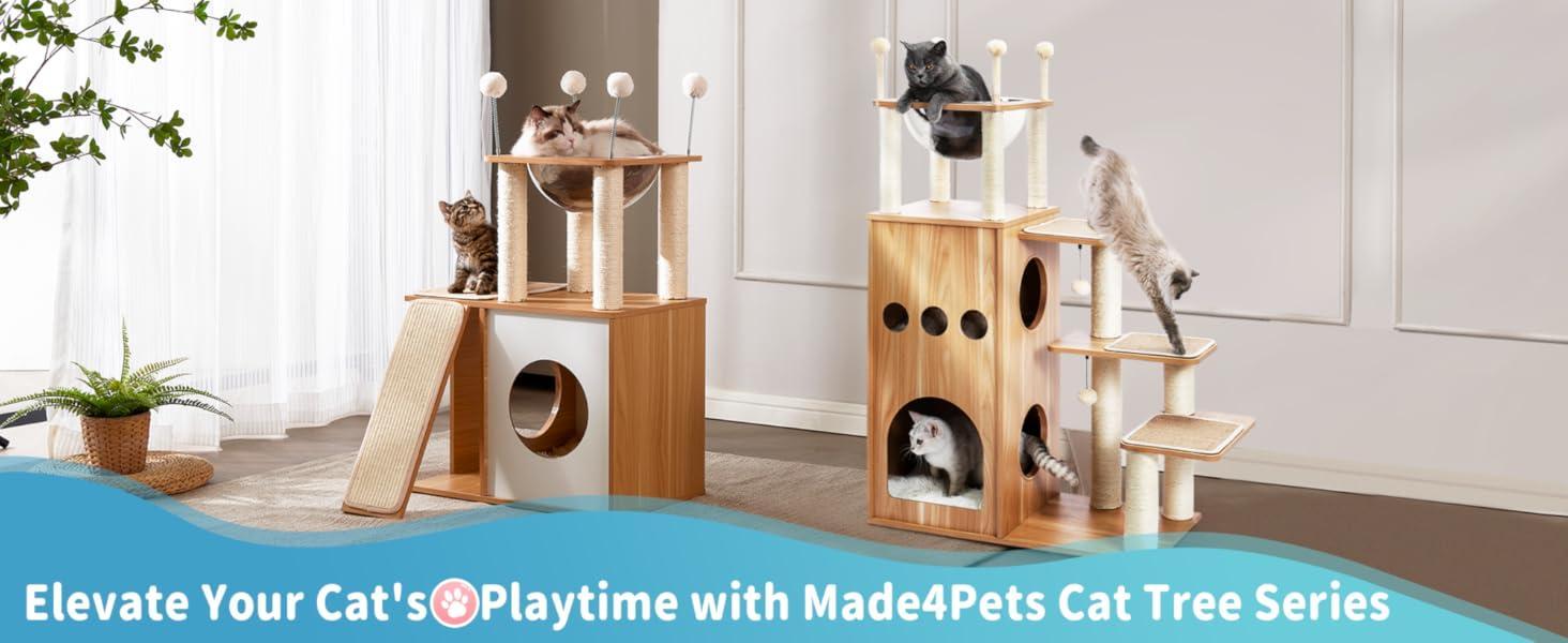 KFX-8493373 Multi-Functional Indoor Wooden Cat Tower with Climbing Frame, Scratching Board, and Cozy Condo for Cats and Kittens