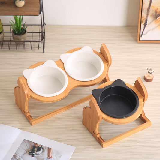 KFX-8493885 Ceramic Cat Food Bowl with Stand - Available in Single or Double Options