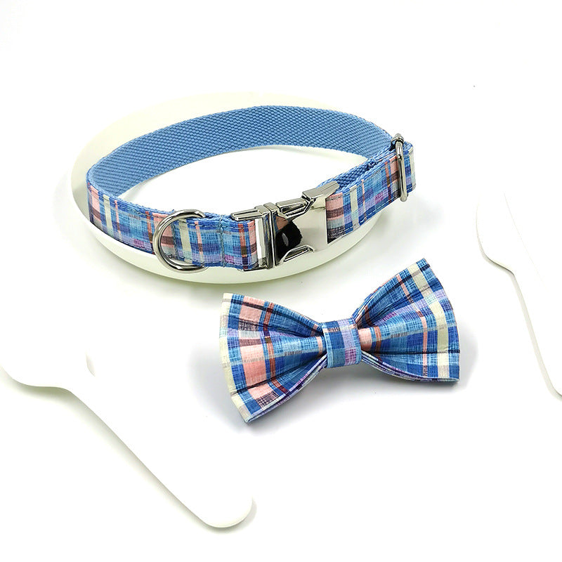 KFX-8495677 Plaid Bow Dog Collar - Adjustable Cloth Pet Accessory in Multiple Sizes
