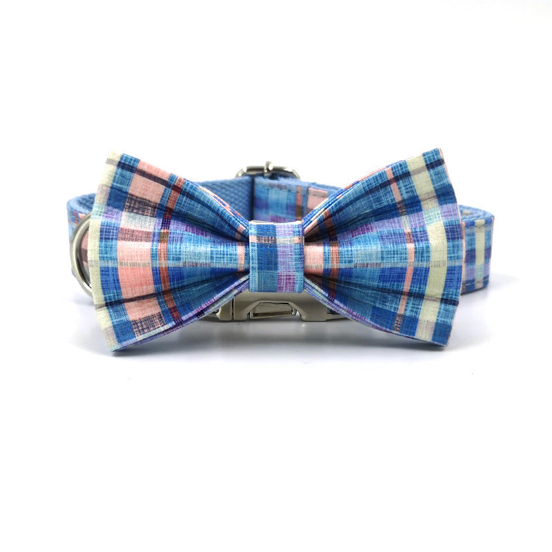 KFX-8495677 Plaid Bow Dog Collar - Adjustable Cloth Pet Accessory in Multiple Sizes