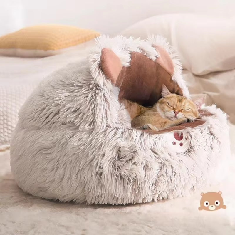 KFX-8509245 Cozy Plush Round Cat Bed and Sleep Bag for Cats and Small Dogs, Multiple Sizes Available