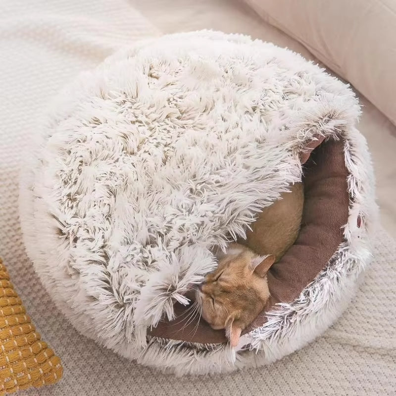 KFX-8509245 Cozy Plush Round Cat Bed and Sleep Bag for Cats and Small Dogs, Multiple Sizes Available