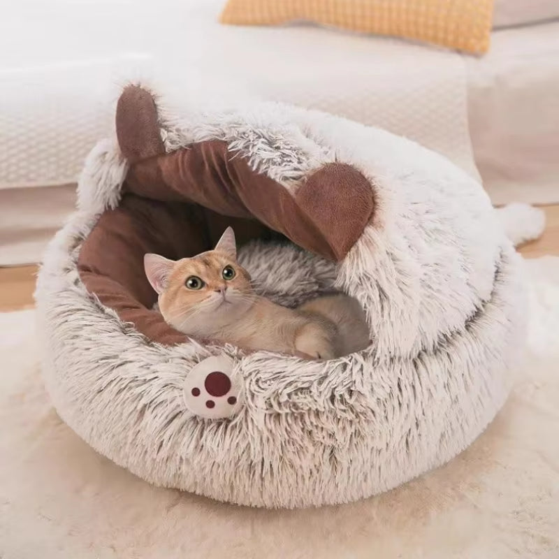 KFX-8509245 Cozy Plush Round Cat Bed and Sleep Bag for Cats and Small Dogs, Multiple Sizes Available