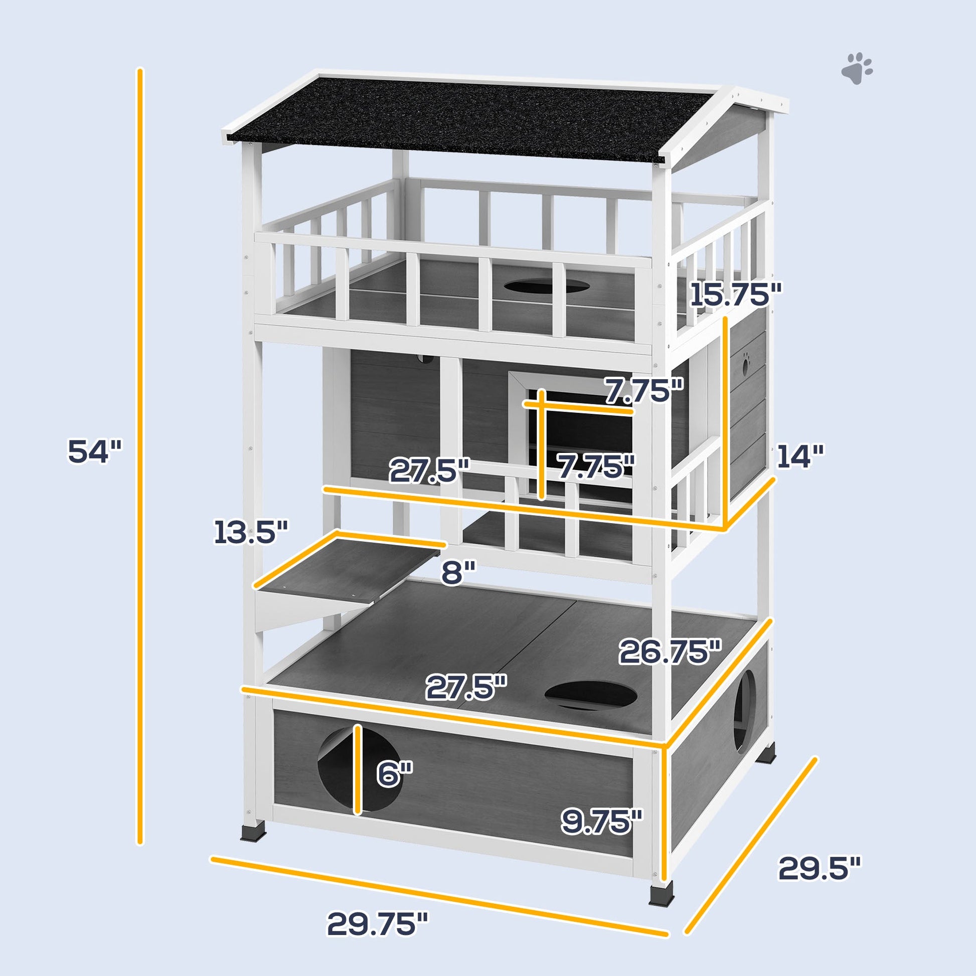KFX-8518973 Wooden Outdoor Cat House with Asphalt Roof, Escape Doors, and Jumping Platform in Light Gray