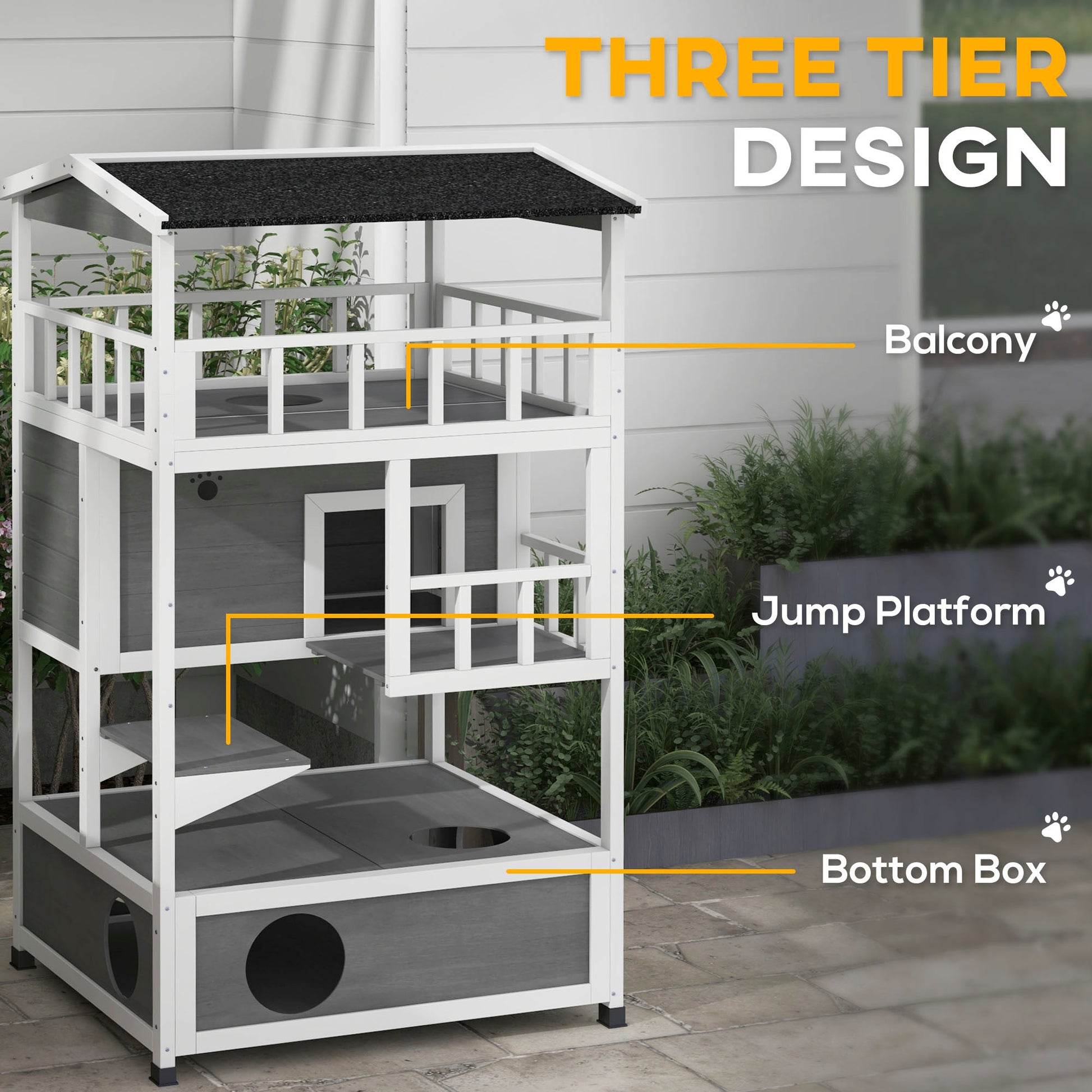 KFX-8518973 Wooden Outdoor Cat House with Asphalt Roof, Escape Doors, and Jumping Platform in Light Gray