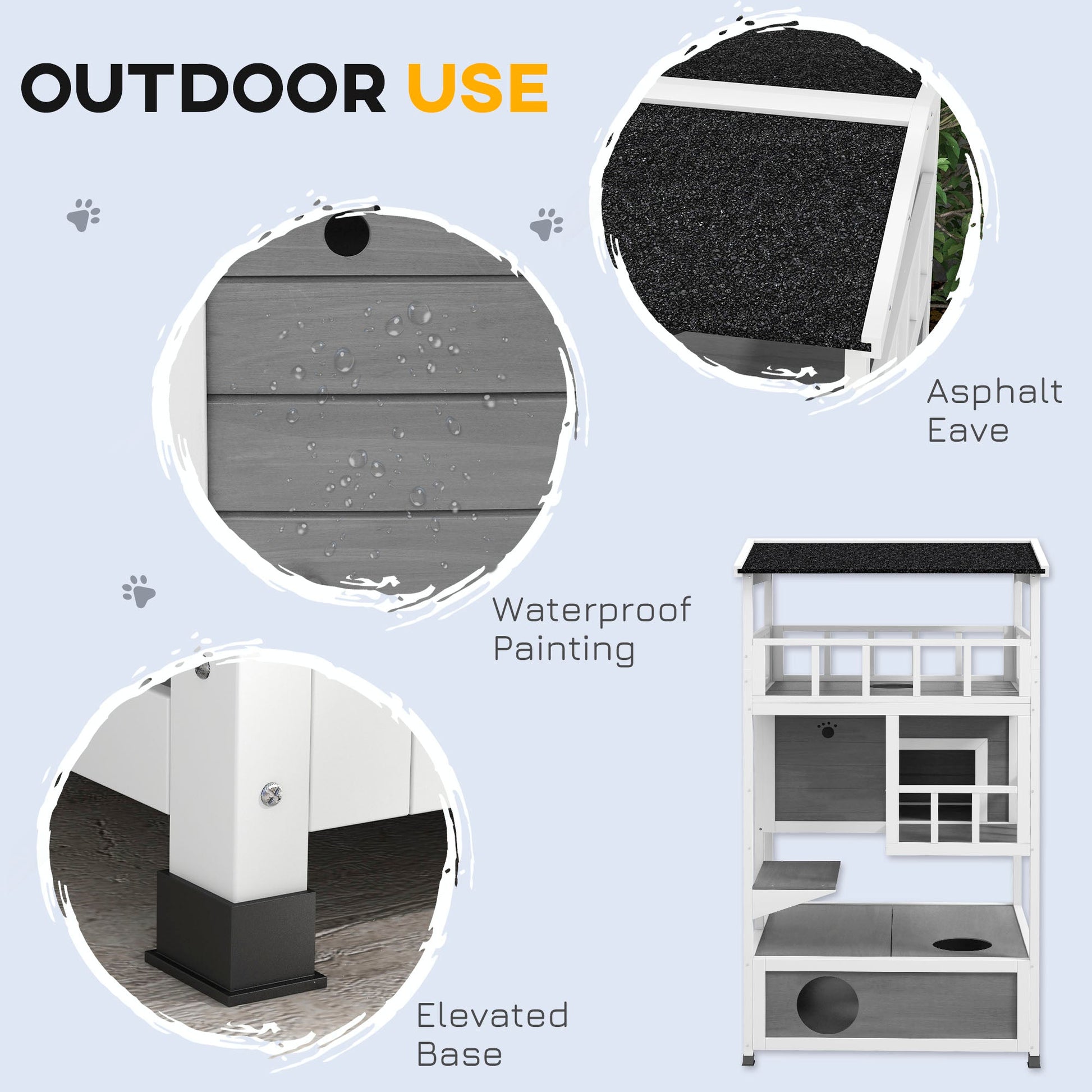 KFX-8518973 Wooden Outdoor Cat House with Asphalt Roof, Escape Doors, and Jumping Platform in Light Gray