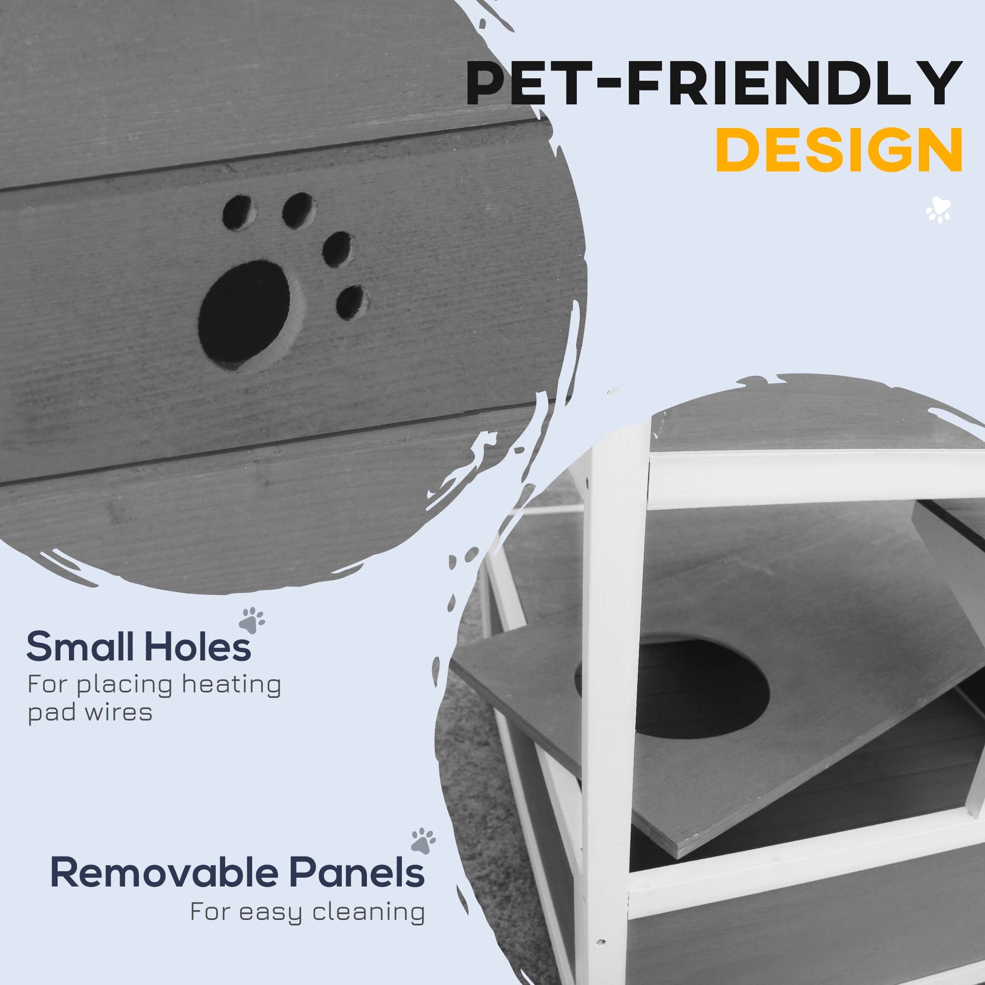 KFX-8518973 Wooden Outdoor Cat House with Asphalt Roof, Escape Doors, and Jumping Platform in Light Gray