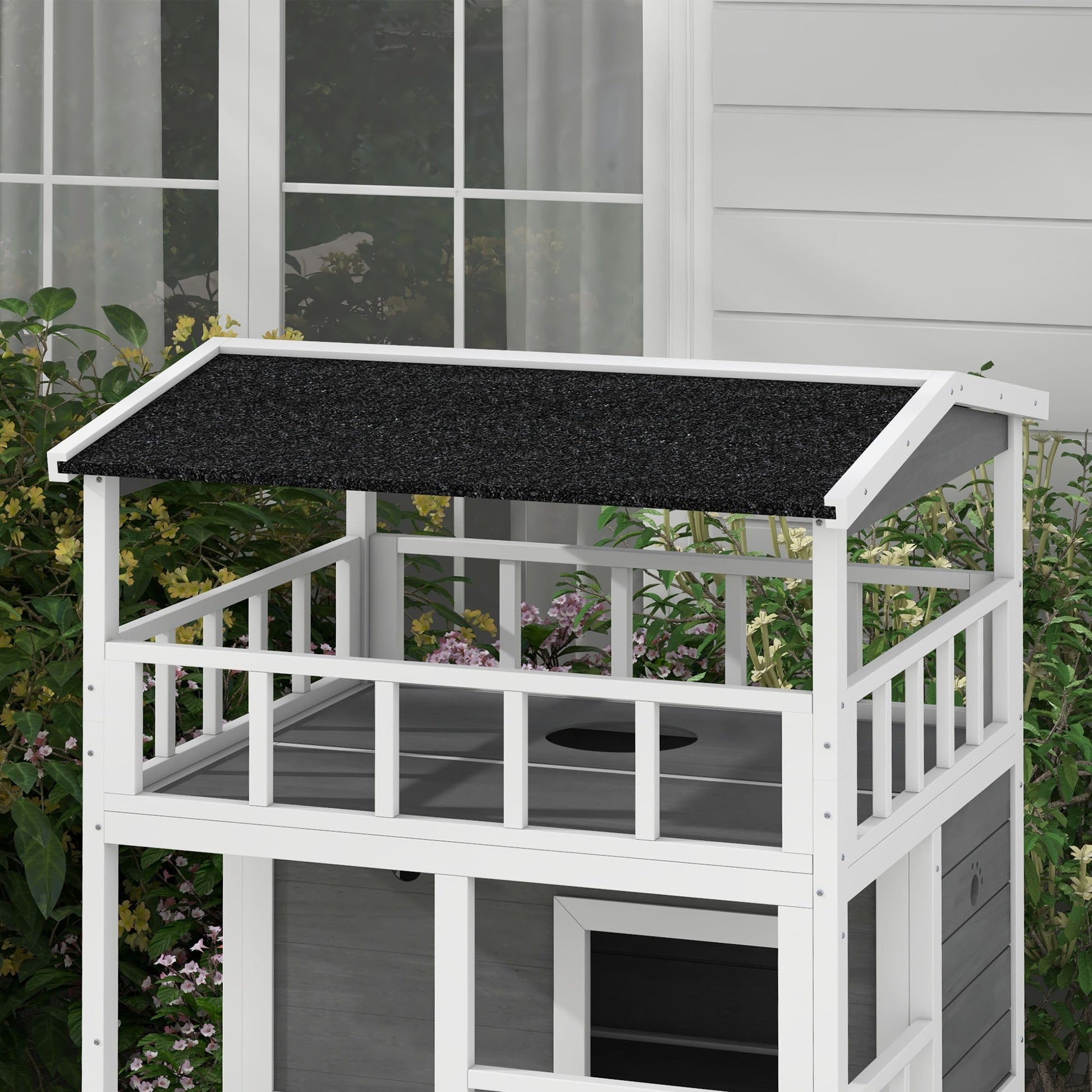 KFX-8518973 Wooden Outdoor Cat House with Asphalt Roof, Escape Doors, and Jumping Platform in Light Gray