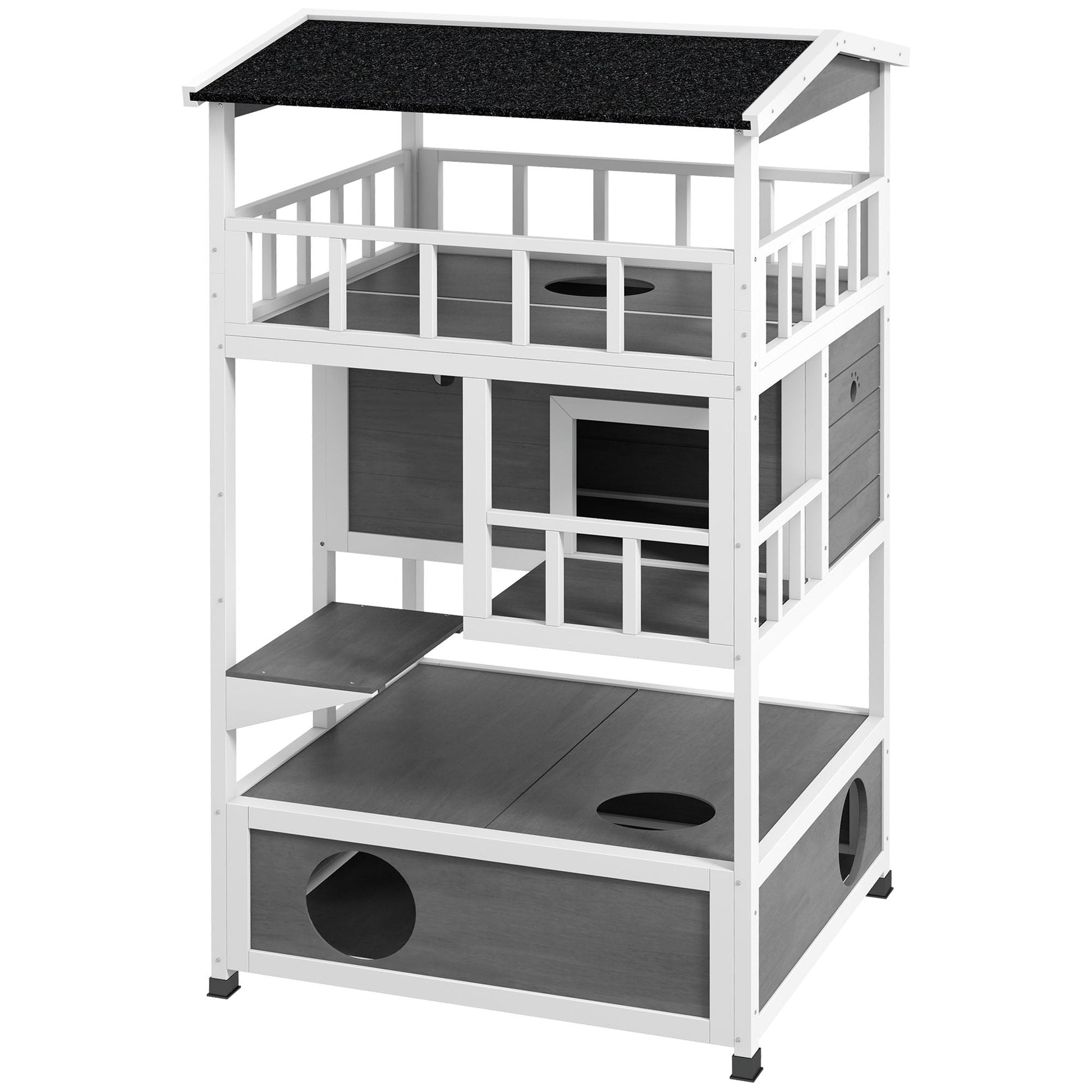 KFX-8518973 Wooden Outdoor Cat House with Asphalt Roof, Escape Doors, and Jumping Platform in Light Gray