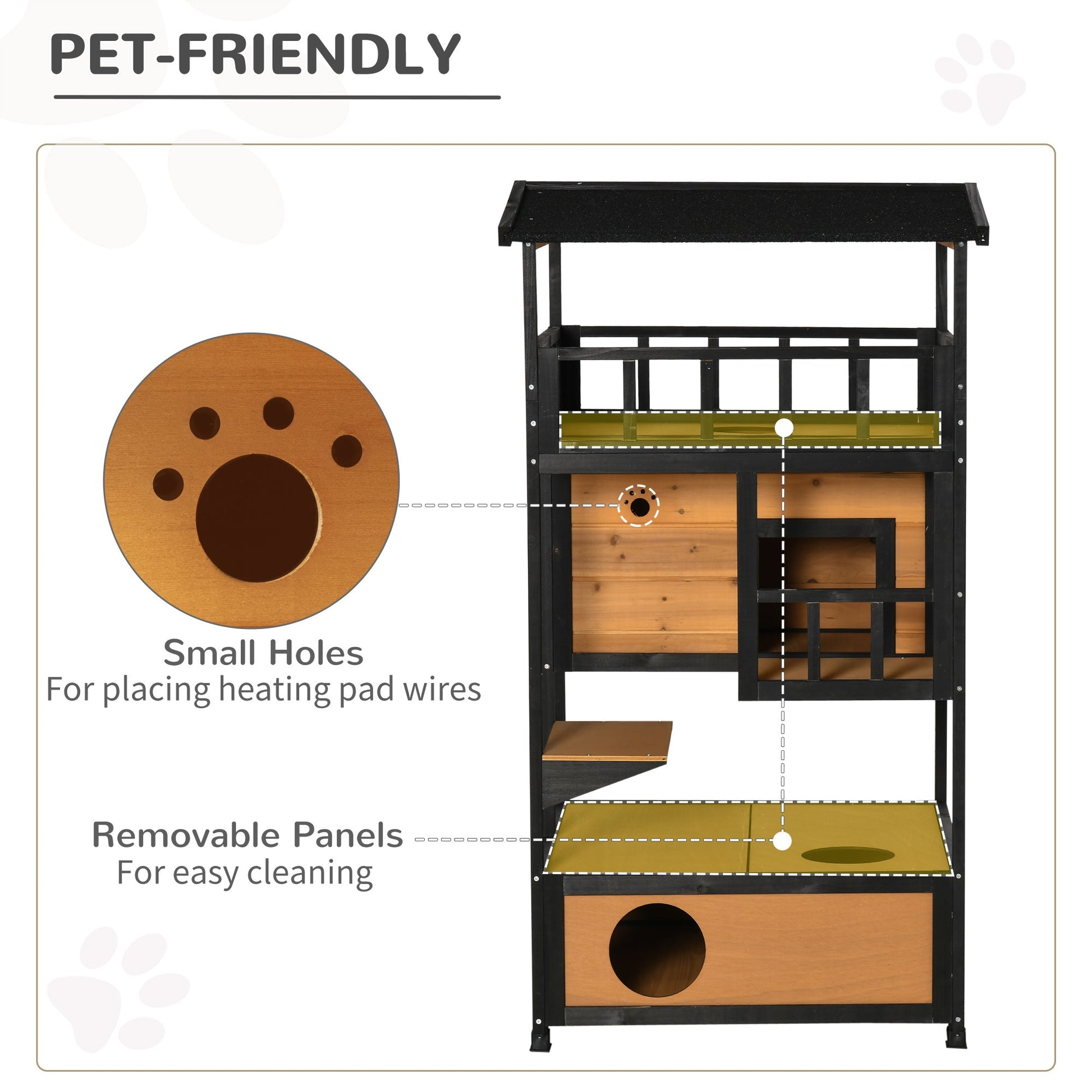 KFX-8524733 Feral Cat Shelter with Asphalt Roof, Escape Doors, and Jumping Platform, Yellow Fir Wood Design