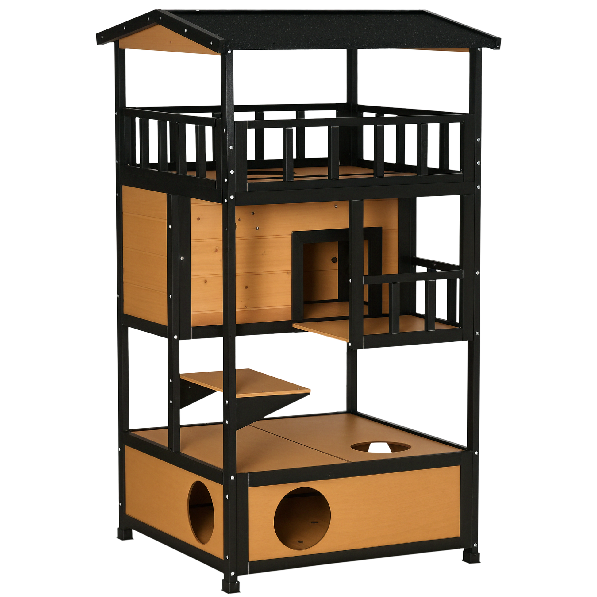 KFX-8524733 Feral Cat Shelter with Asphalt Roof, Escape Doors, and Jumping Platform, Yellow Fir Wood Design
