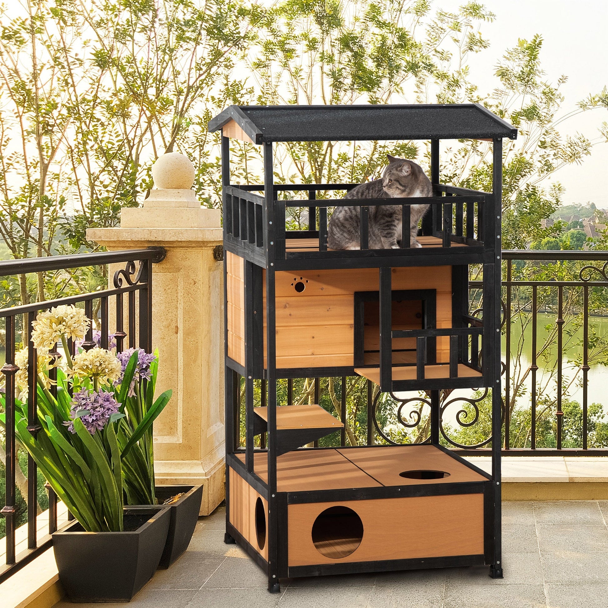 KFX-8524733 Feral Cat Shelter with Asphalt Roof, Escape Doors, and Jumping Platform, Yellow Fir Wood Design