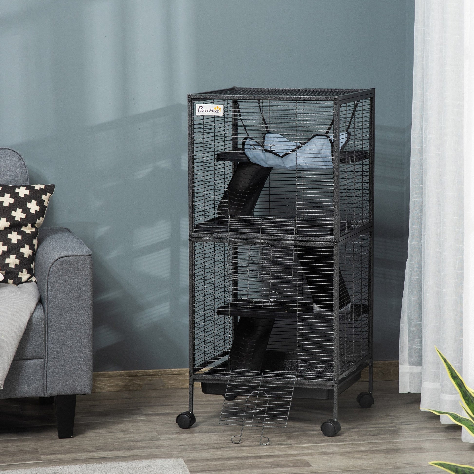 KFX-8526141 Large 4-Tier Gray Metal Small Animal Cage with Removable Tray and Hammock for Ferrets and Chinchillas