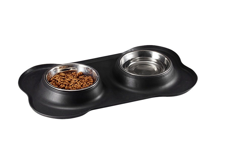 KFX-8526653 Bone-Shaped Silicone Double Bowl for Pets - Soft Plastic & Stainless Steel, Non-Slip, Easy to Clean, Dual-Purpose Design