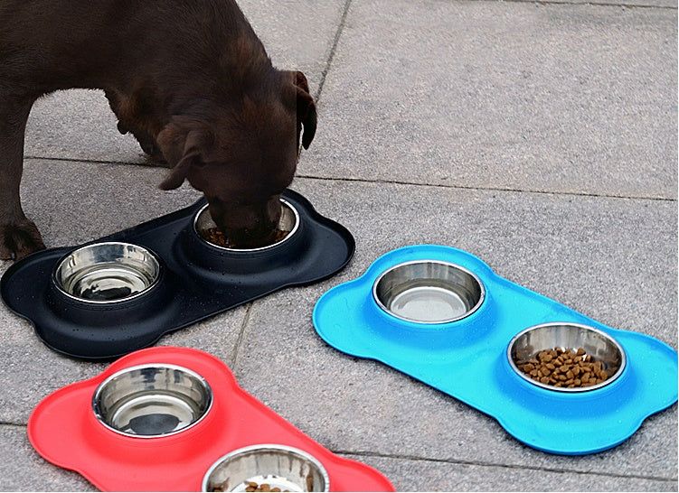 KFX-8526653 Bone-Shaped Silicone Double Bowl for Pets - Soft Plastic & Stainless Steel, Non-Slip, Easy to Clean, Dual-Purpose Design
