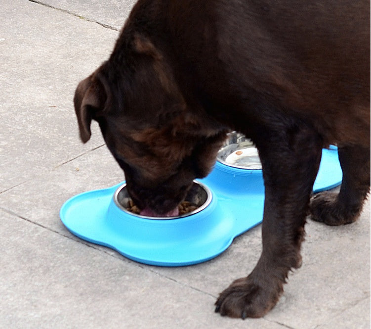 KFX-8526653 Bone-Shaped Silicone Double Bowl for Pets - Soft Plastic & Stainless Steel, Non-Slip, Easy to Clean, Dual-Purpose Design