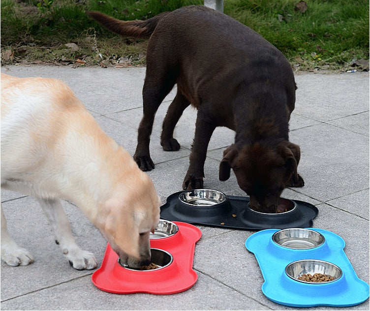 KFX-8526653 Bone-Shaped Silicone Double Bowl for Pets - Soft Plastic & Stainless Steel, Non-Slip, Easy to Clean, Dual-Purpose Design
