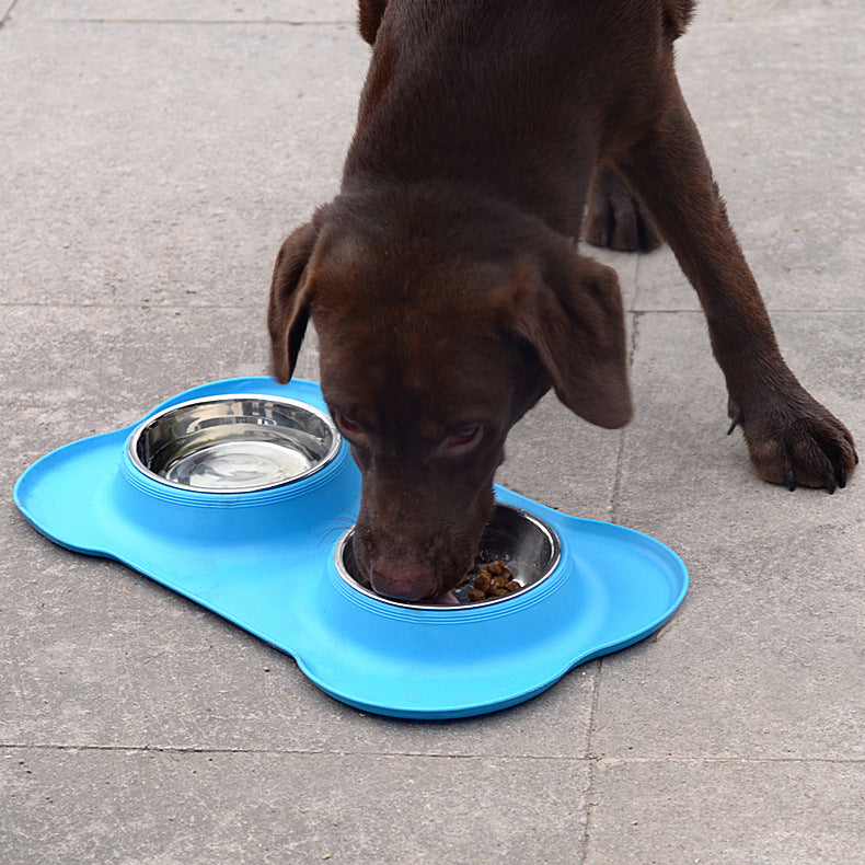 KFX-8526653 Bone-Shaped Silicone Double Bowl for Pets - Soft Plastic & Stainless Steel, Non-Slip, Easy to Clean, Dual-Purpose Design