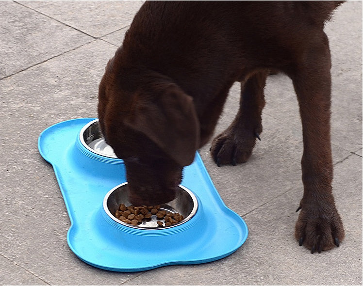 KFX-8526653 Bone-Shaped Silicone Double Bowl for Pets - Soft Plastic & Stainless Steel, Non-Slip, Easy to Clean, Dual-Purpose Design