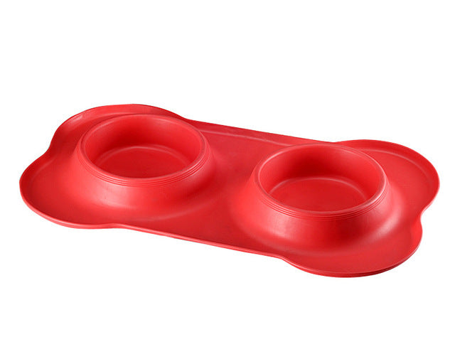 KFX-8526653 Bone-Shaped Silicone Double Bowl for Pets - Soft Plastic & Stainless Steel, Non-Slip, Easy to Clean, Dual-Purpose Design