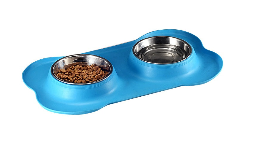 KFX-8526653 Bone-Shaped Silicone Double Bowl for Pets - Soft Plastic & Stainless Steel, Non-Slip, Easy to Clean, Dual-Purpose Design