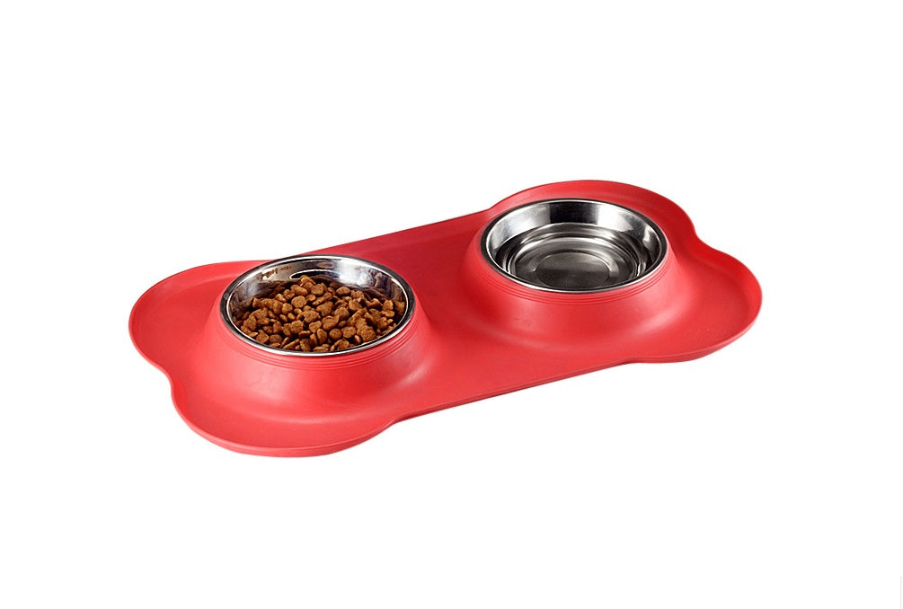 KFX-8526653 Bone-Shaped Silicone Double Bowl for Pets - Soft Plastic & Stainless Steel, Non-Slip, Easy to Clean, Dual-Purpose Design